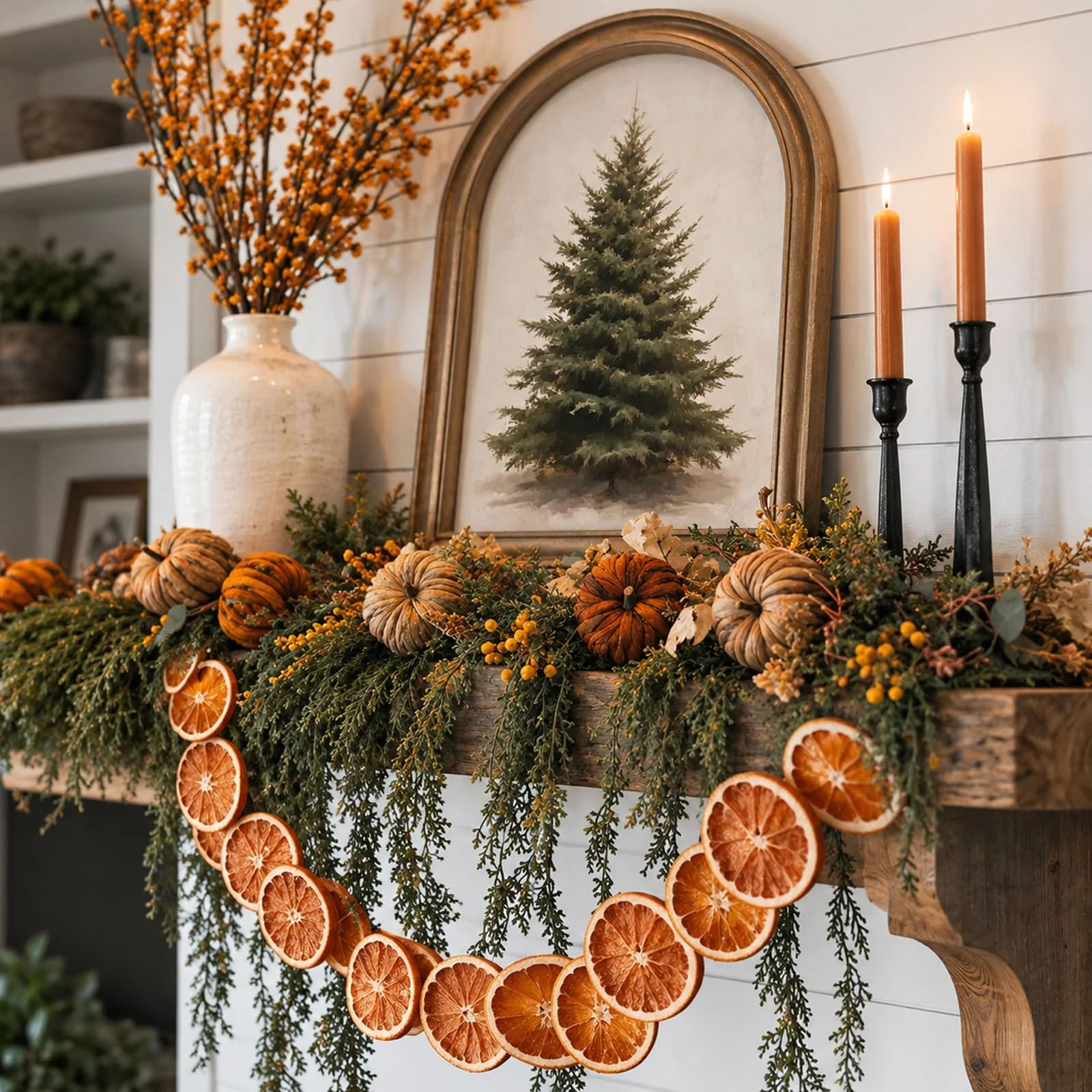 Oriental Cherry Framed Wall Art and Orange Garland Set